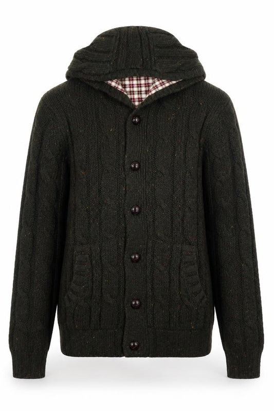 Front view of Cedarwood State men’s green cable knit hooded cardigan m