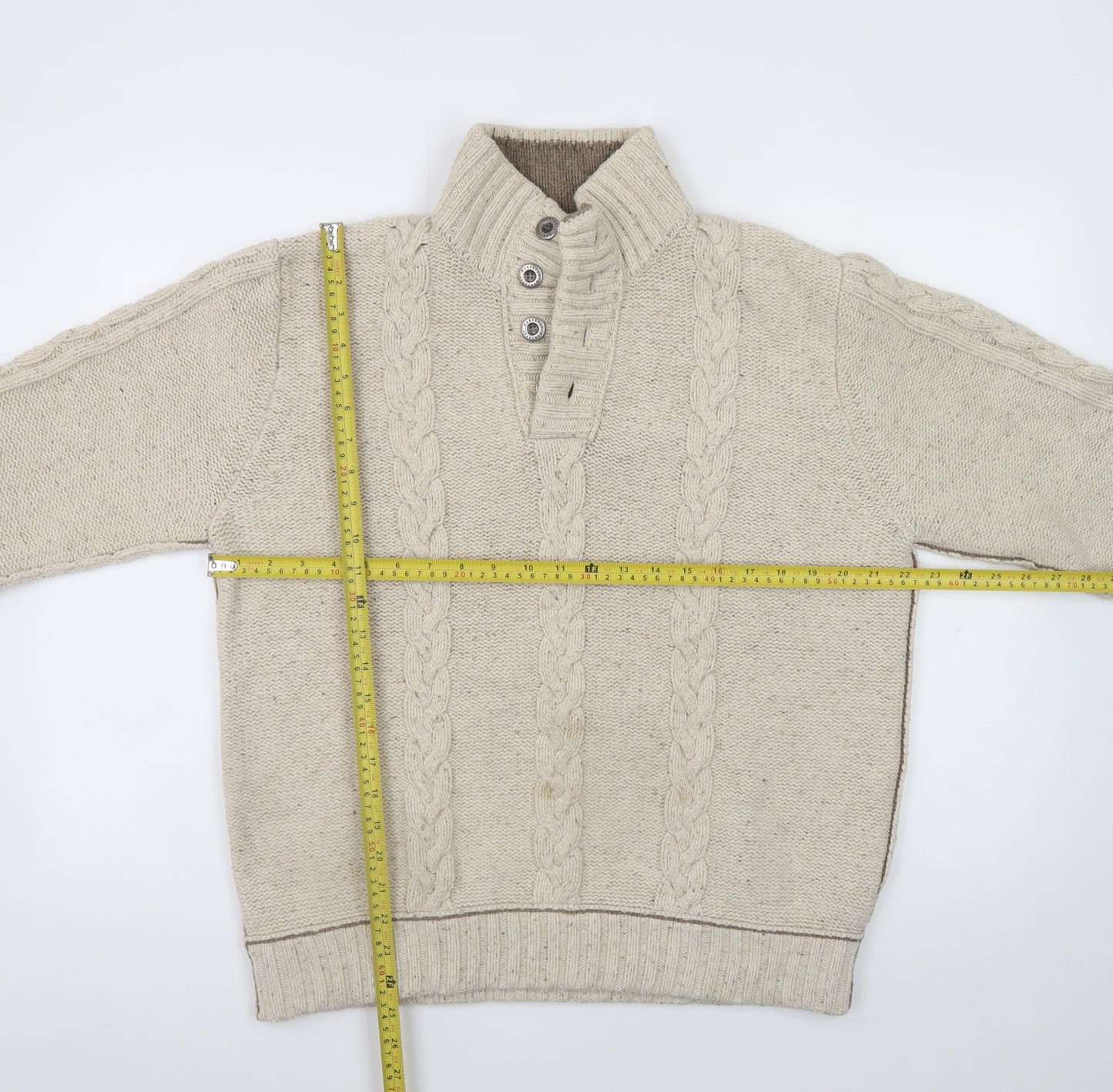 Mantaray Men's Beige Cable Knit Henley Jumper Size M