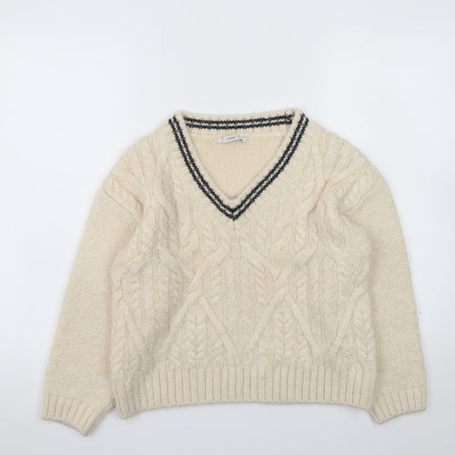 George Womens Ivory Cable-Knit V-Neck Pullover Jumper M 12-14