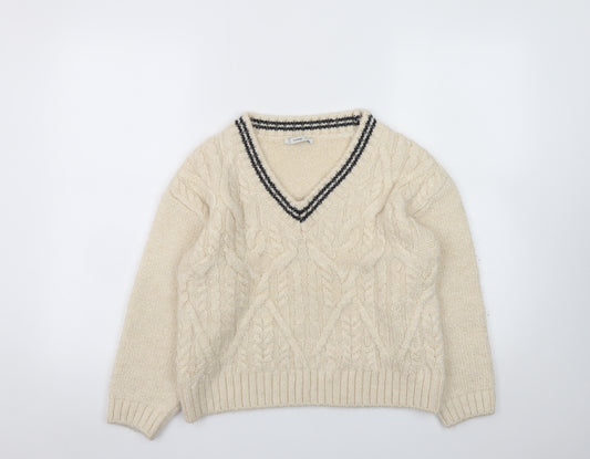 George Womens Ivory Cable-Knit V-Neck Pullover Jumper M 12-14