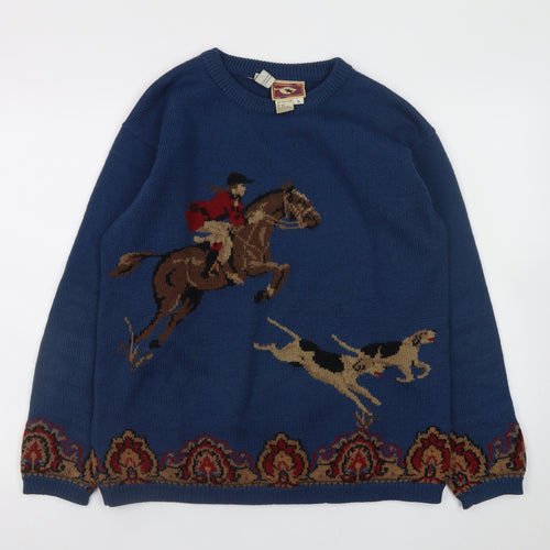 JH Collectibles Womens Blue Wool Fox Hunting Horse Dog Vintage Jumper M