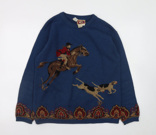 JH Collectibles Womens Blue Wool Fox Hunting Horse Dog Vintage Jumper M
