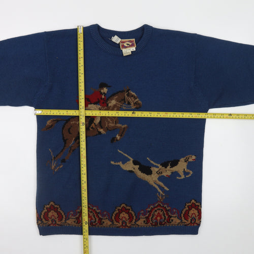 JH Collectibles Womens Blue Wool Fox Hunting Horse Dog Vintage Jumper M