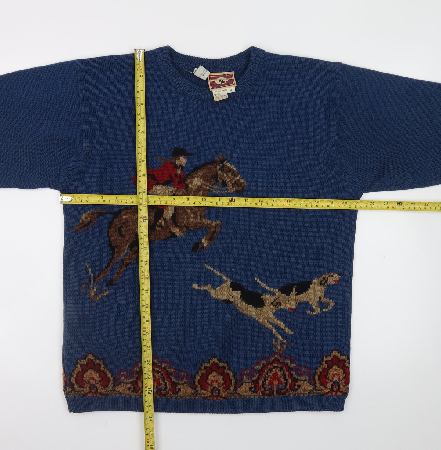 JH Collectibles Womens Blue Wool Fox Hunting Horse Dog Vintage Jumper M