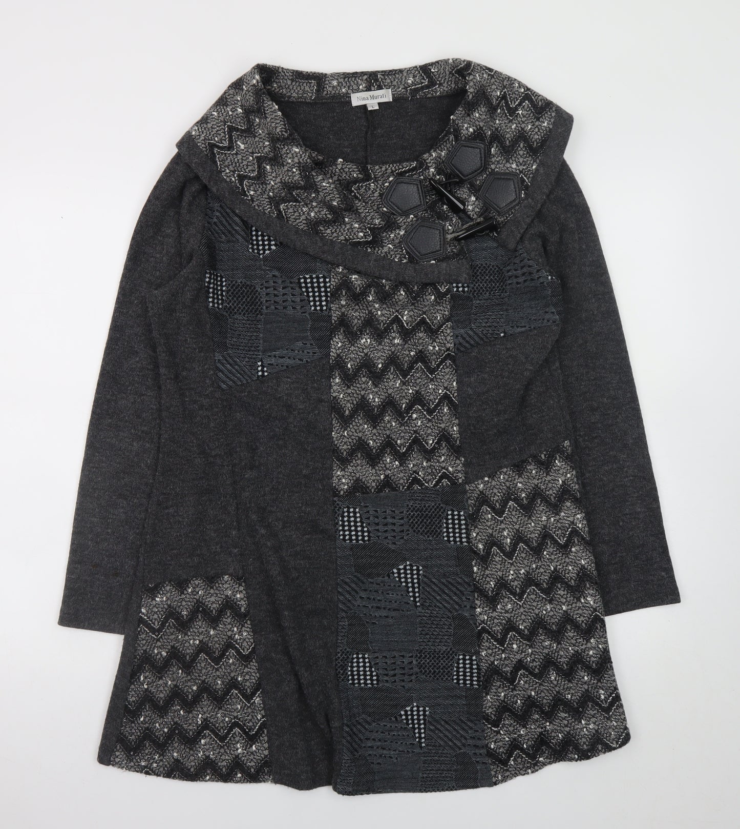Nina Murati Women Grey Knit Shift Dress L Long Sleeve Cowl Neck