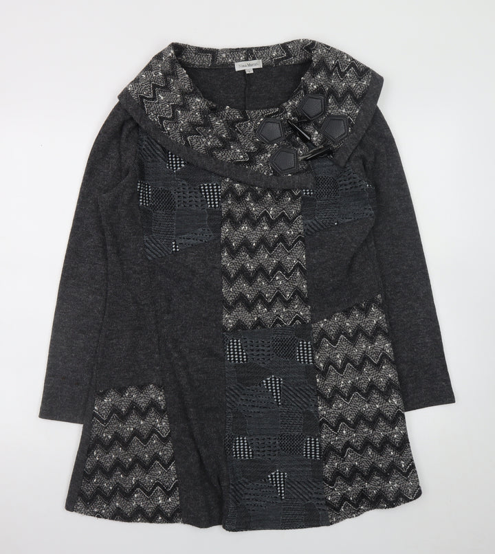Nina Murati Women Grey Knit Shift Dress L Long Sleeve Cowl Neck