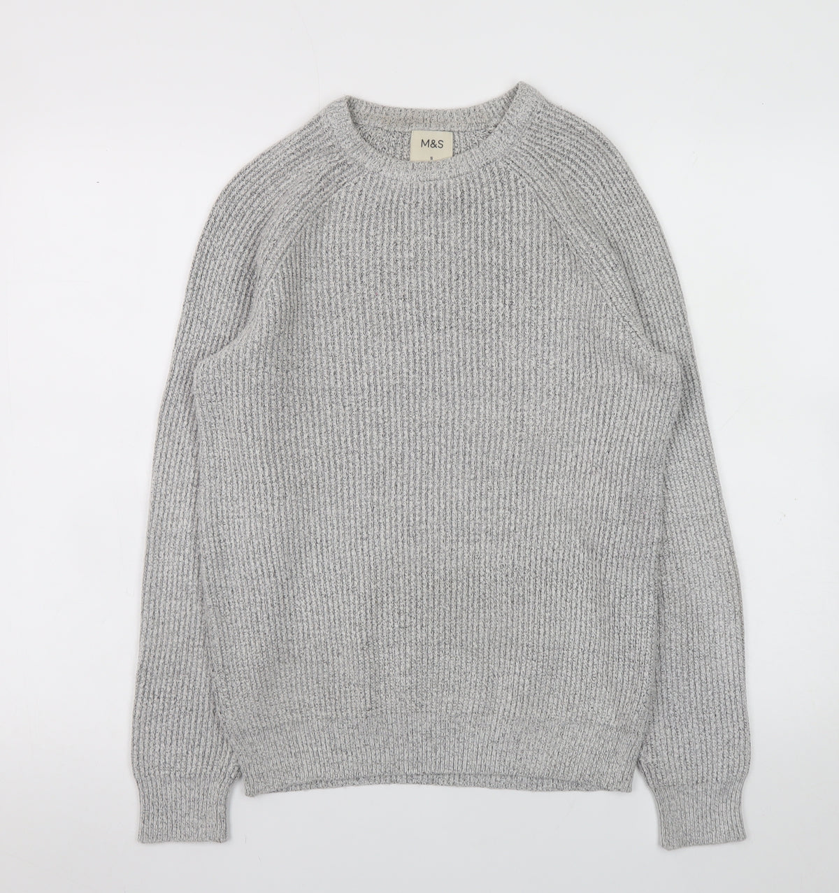 Back view of Marks and Spencer Men's Grey Chunky Knit Crew Neck Jumper, size S