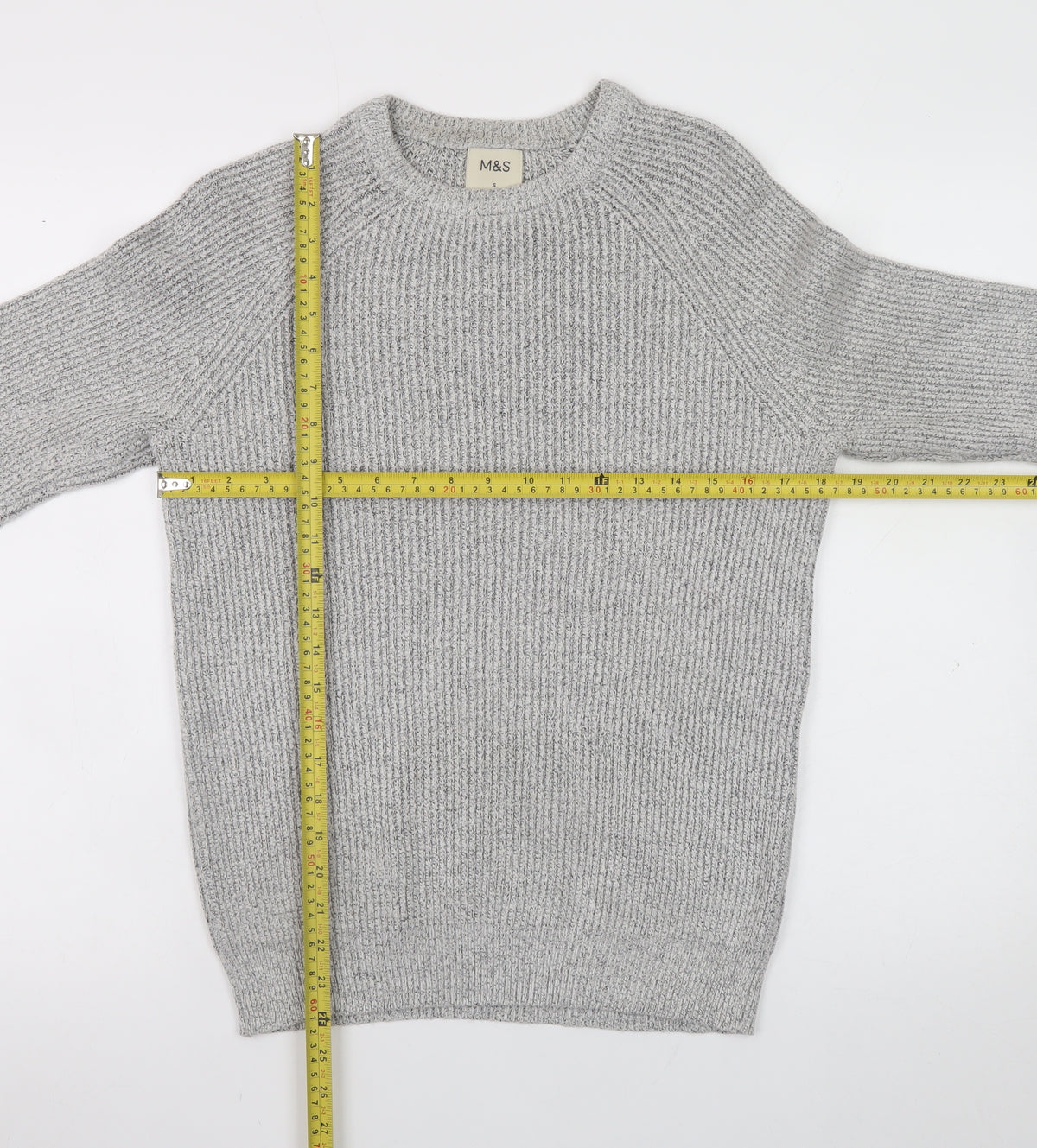 Close-up detail of Marks and Spencer Men's Grey Chunky Knit Crew Neck Jumper, size S
