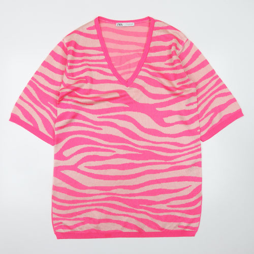 Zara Women Pink Animal Print Knit V-Neck Shift Dress M