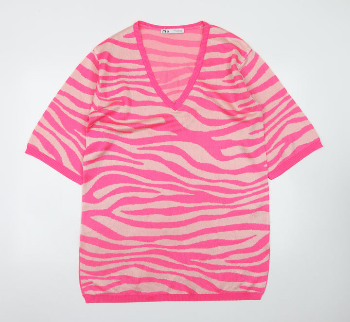 Zara Women Pink Animal Print Knit V-Neck Shift Dress M
