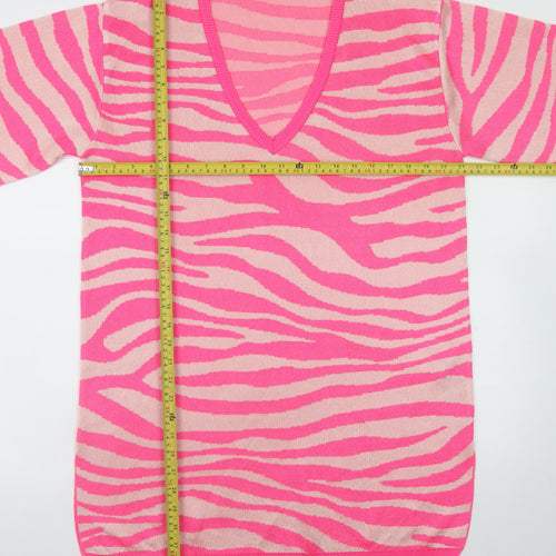 Zara Women Pink Animal Print Knit V-Neck Shift Dress M