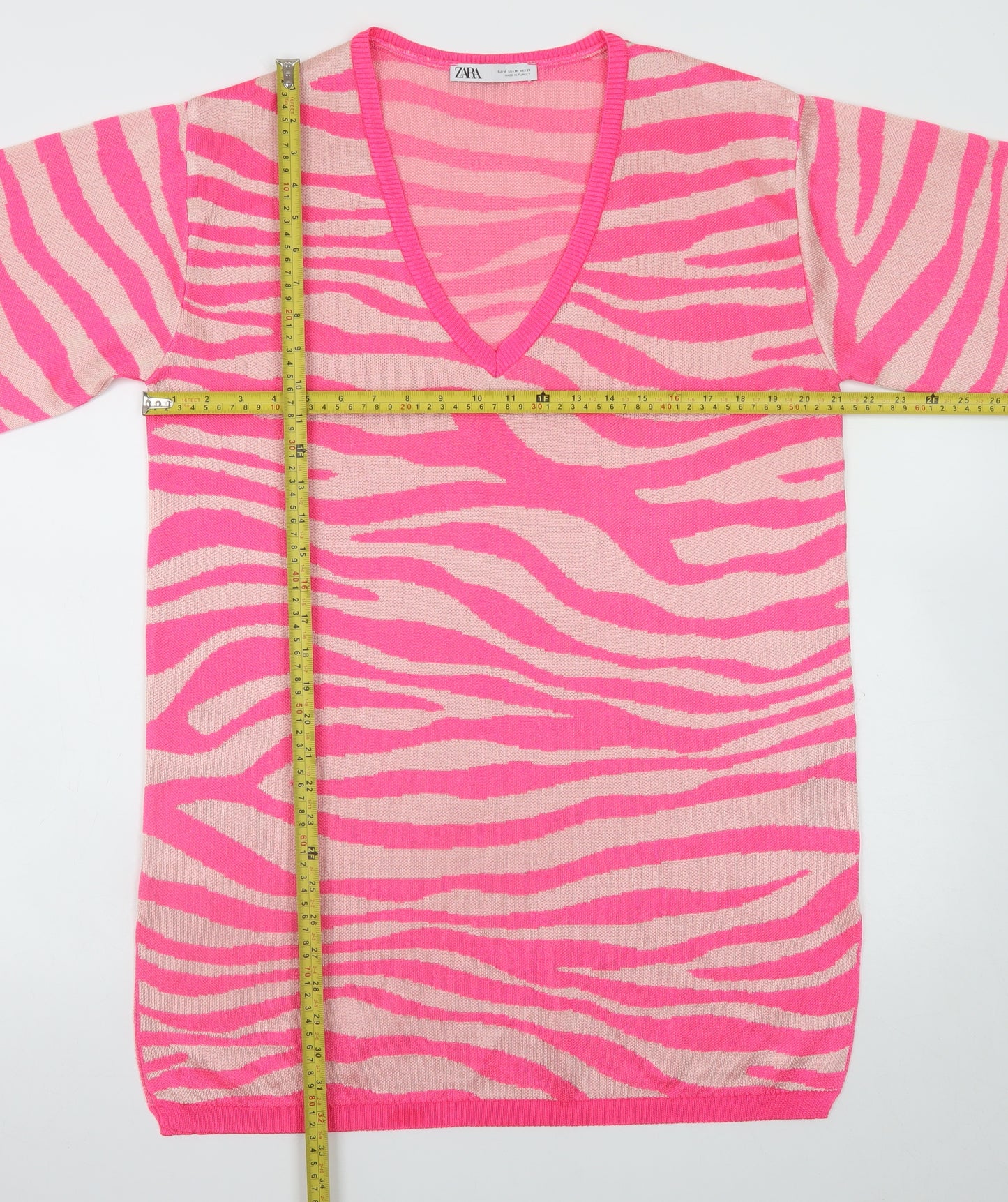 Zara Women Pink Animal Print Knit V-Neck Shift Dress M