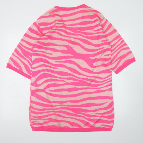 Zara Women Pink Animal Print Knit V-Neck Shift Dress M