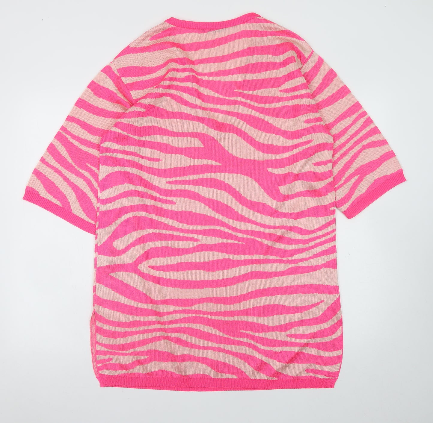 Zara Women Pink Animal Print Knit V-Neck Shift Dress M