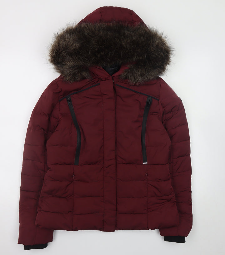 Superdry Women's Red Hooded Fur Trim Puffer Jacket Size S