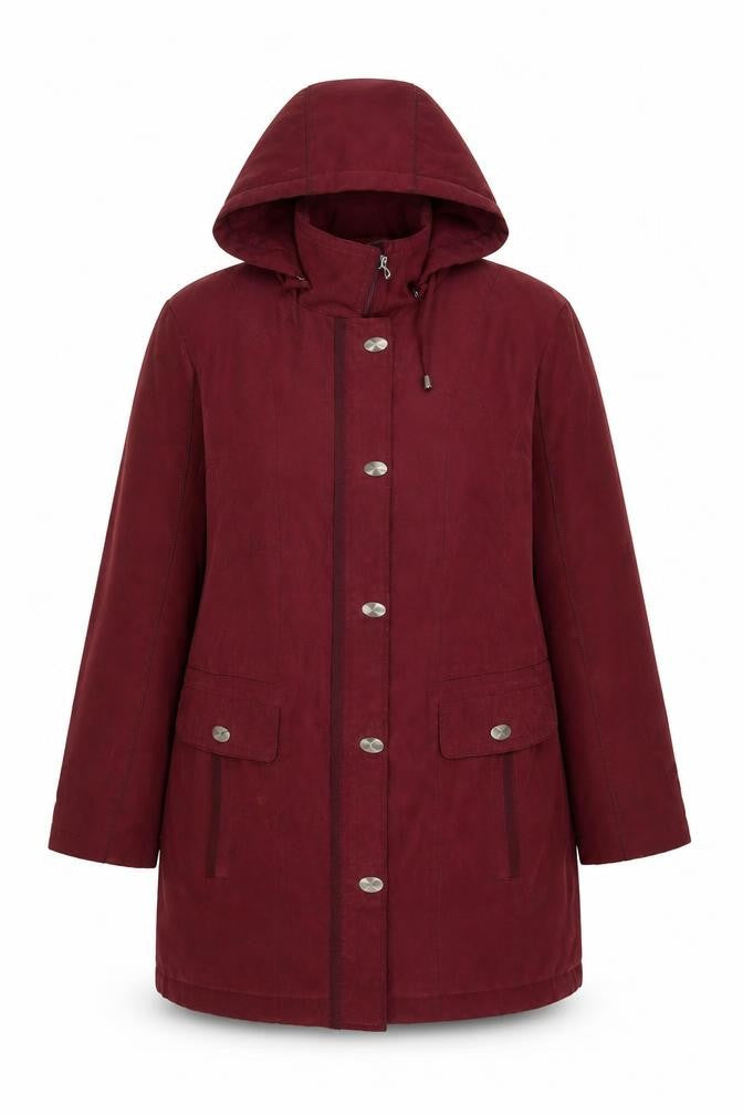 Front view of Anna Rose Women's Red Hooded Long Parka Coat, size M
