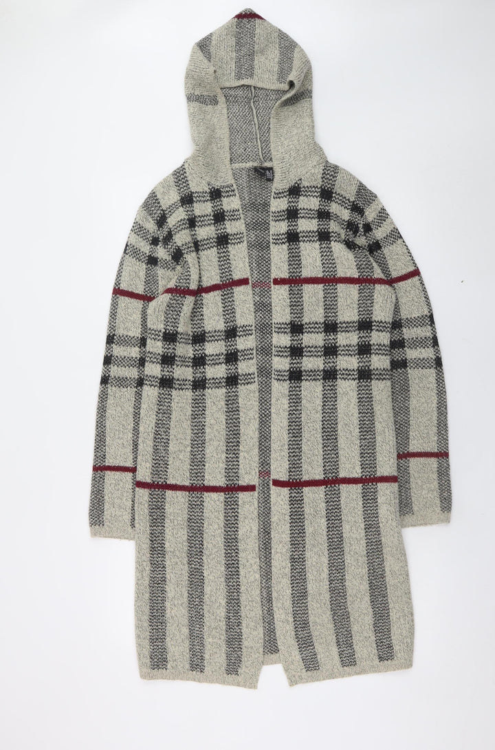 Izabel London Women Grey Hooded Long Cardigan UK 10 Checked Knit