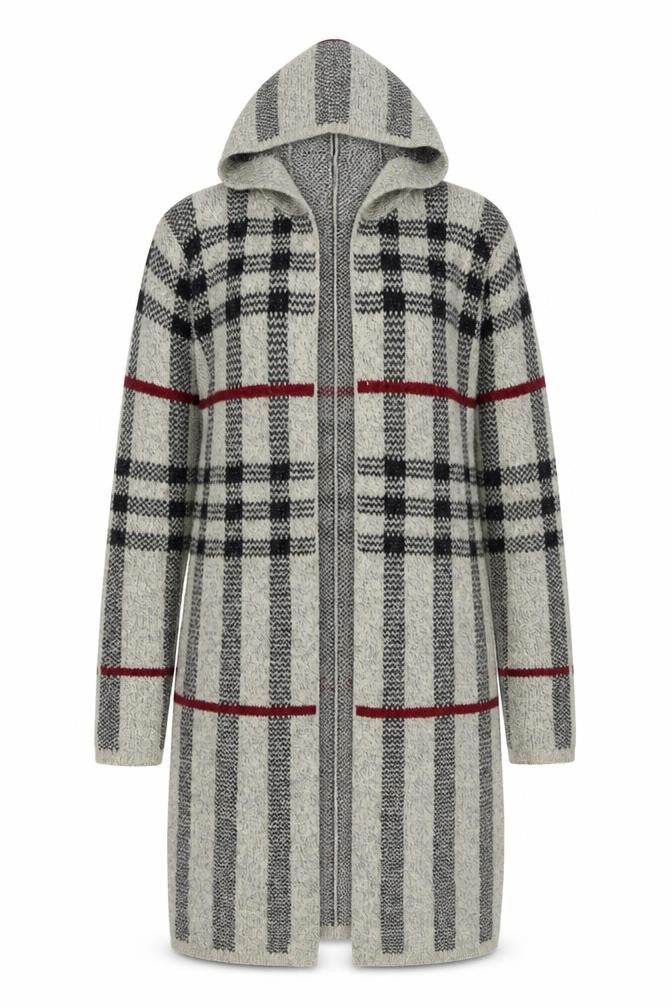 Izabel London Women Grey Hooded Long Cardigan UK 10 Checked Knit