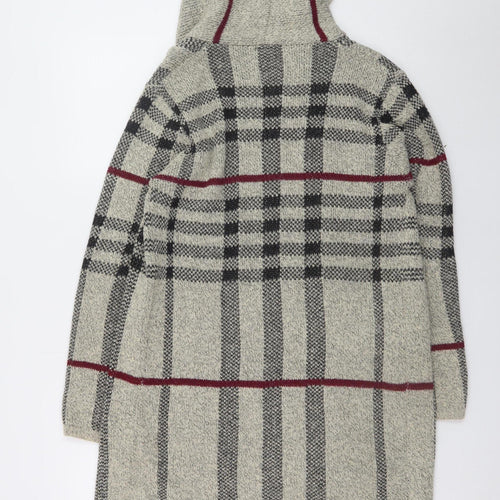 Izabel London Women Grey Hooded Long Cardigan UK 10 Checked Knit