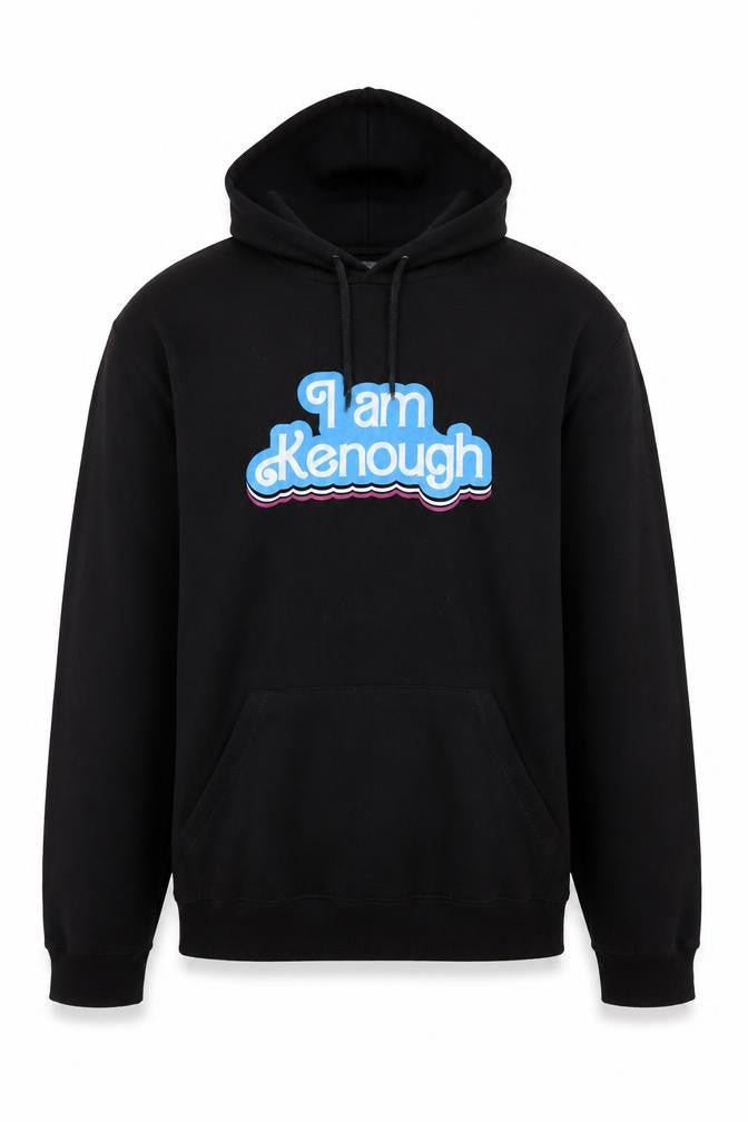 Front view of B&C Collection unisex black l pullover hoodie funny quote design