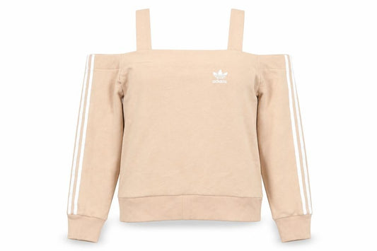 Front view of Adidas Women Beige Off Shoulder Sweatshirt, size 8, Cotton Blend