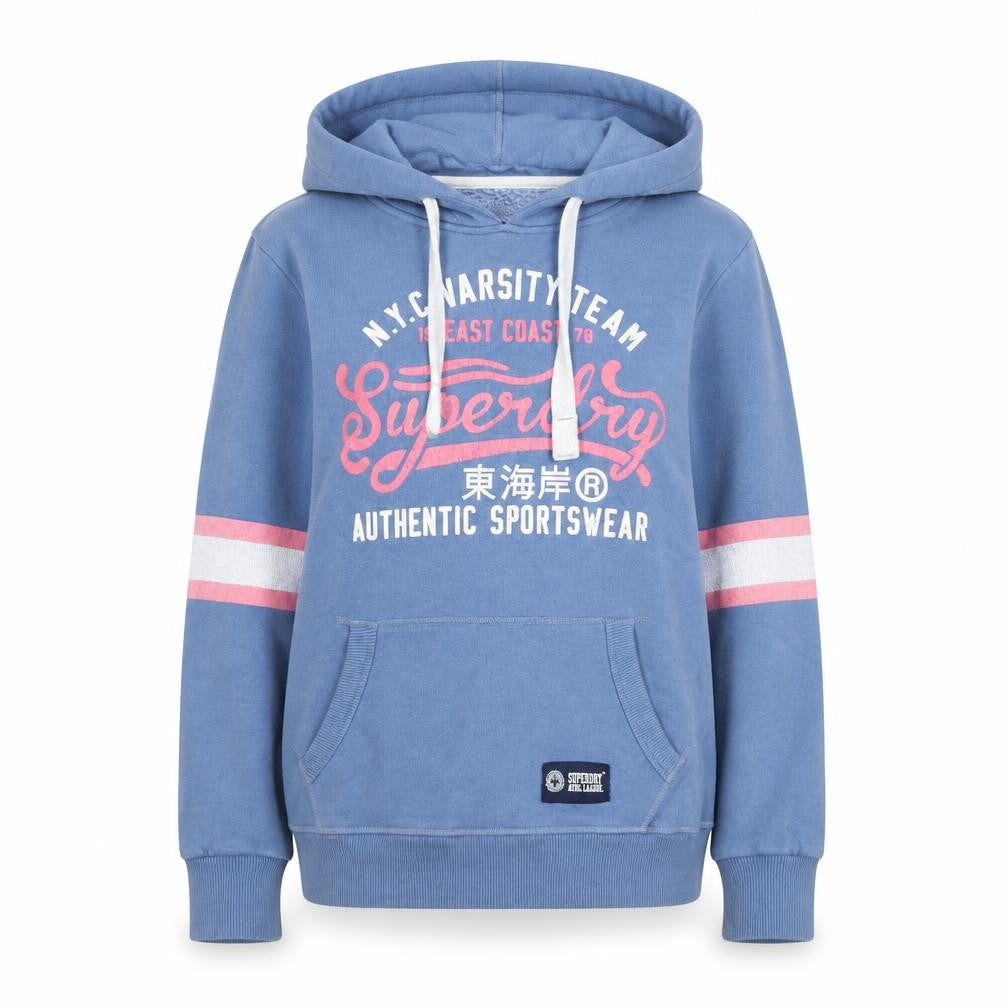 Front view of Superdry women’s blue xs pullover hoodie with varsity print