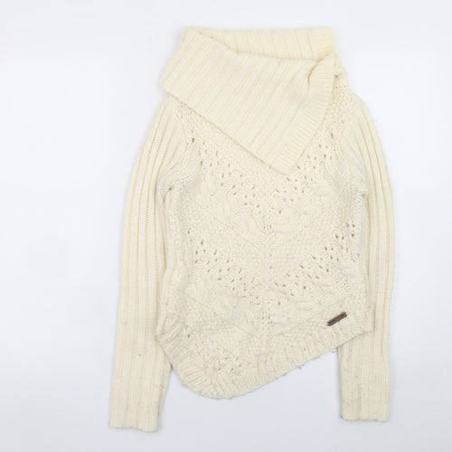 River Island Women Ivory Wool Blend Cowl Neck Cable Knit Jumper Size 8