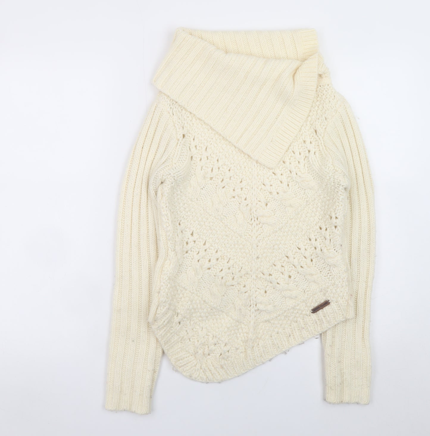 River Island Women Ivory Wool Blend Cowl Neck Cable Knit Jumper Size 8