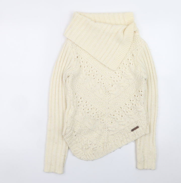 River Island Women Ivory Wool Blend Cowl Neck Cable Knit Jumper Size 8