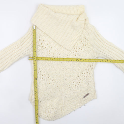 River Island Women Ivory Wool Blend Cowl Neck Cable Knit Jumper Size 8
