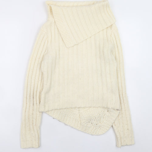 River Island Women Ivory Wool Blend Cowl Neck Cable Knit Jumper Size 8