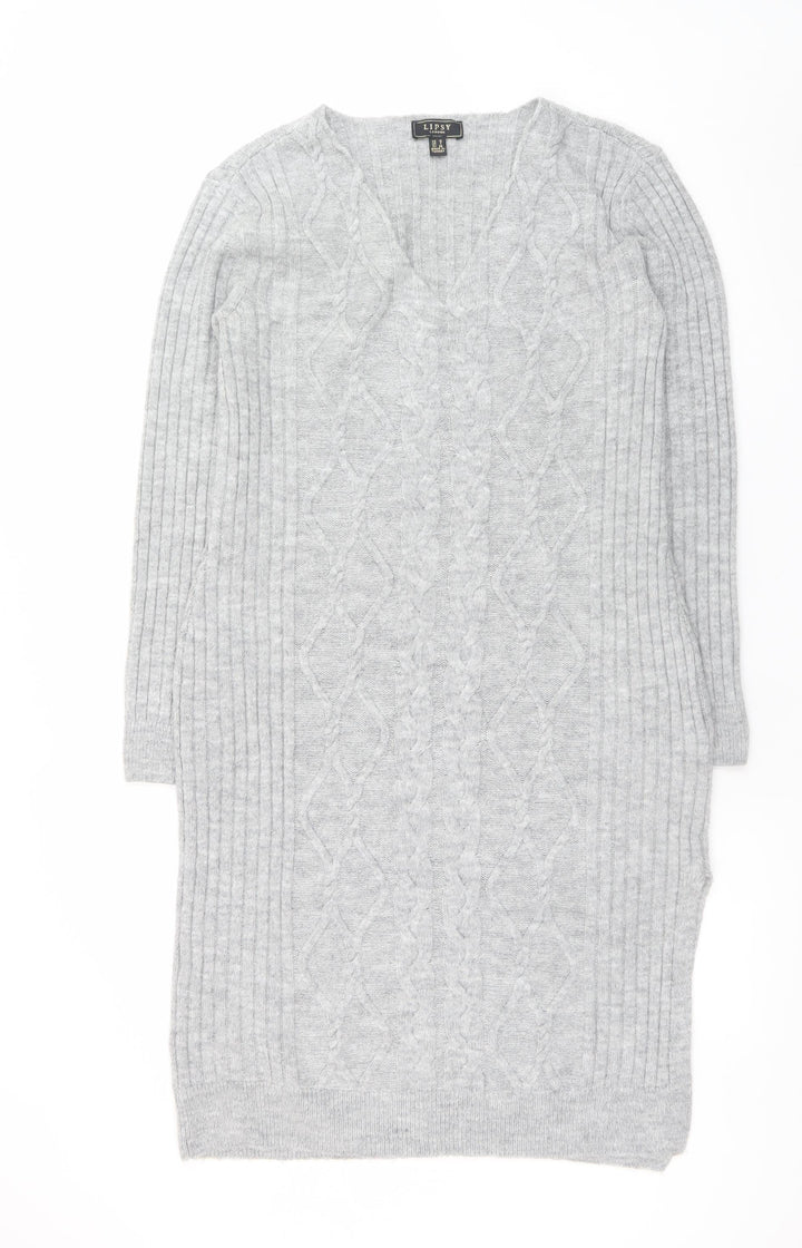 Lipsy Women’s Grey Knit Jumper Dress Size 10 V-Neck Long Sleeve