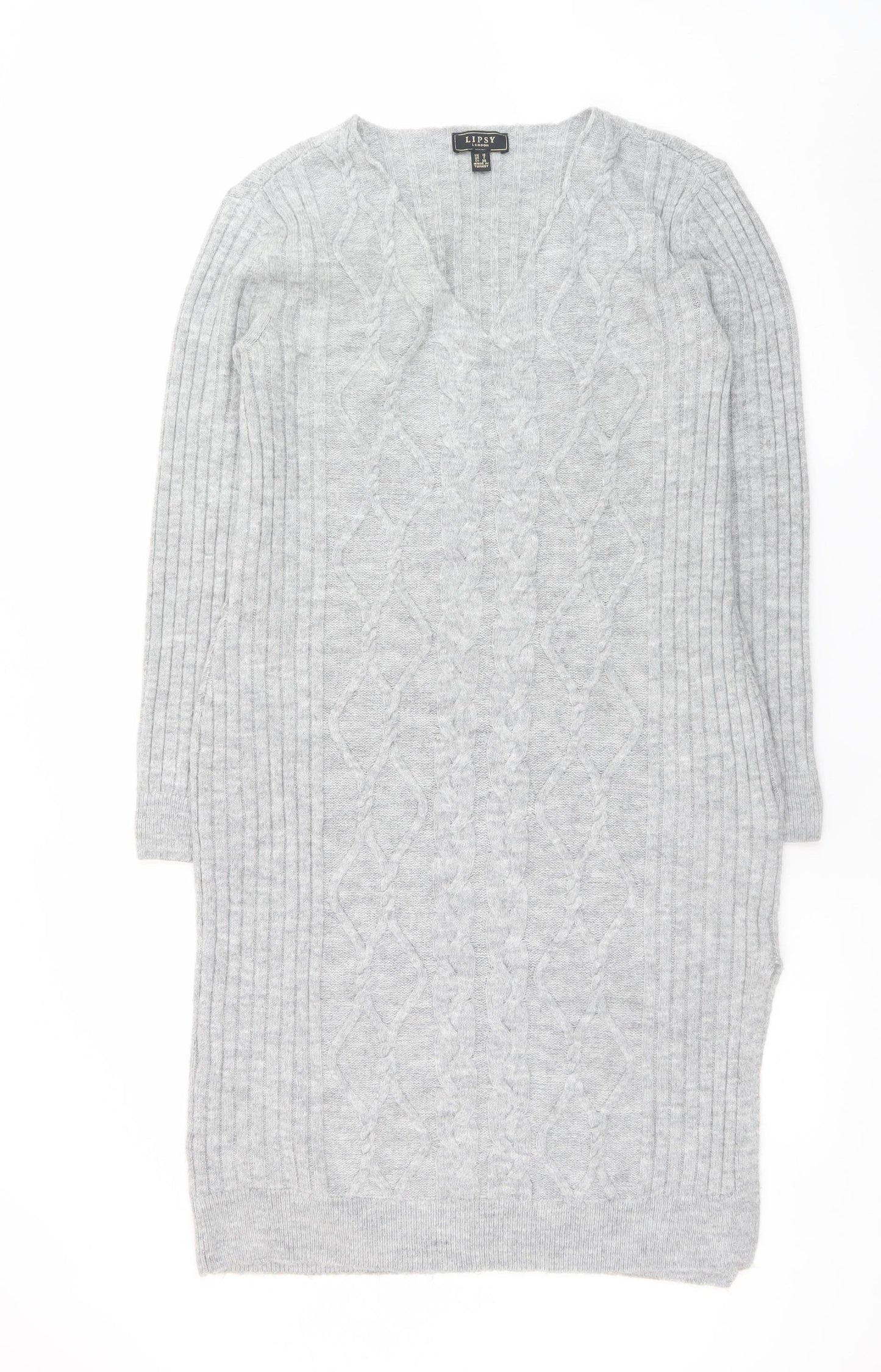 Lipsy Women’s Grey Knit Jumper Dress Size 10 V-Neck Long Sleeve