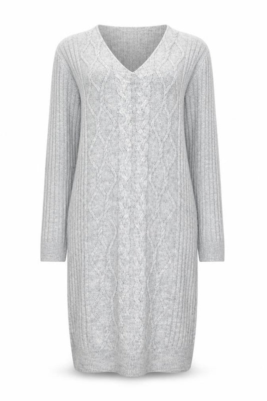 Front view of Lipsy Women’s Grey Knit Jumper Dress, size UK 10, V-Neck Long Sleeve