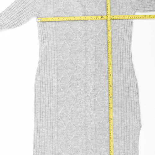 Lipsy Women’s Grey Knit Jumper Dress Size 10 V-Neck Long Sleeve