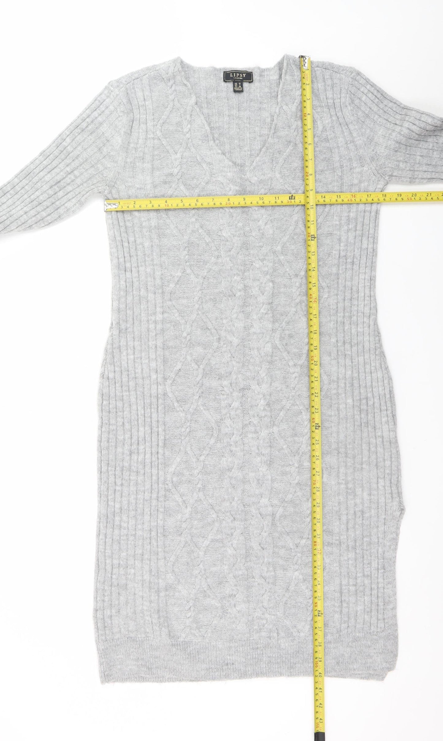 Lipsy Women’s Grey Knit Jumper Dress Size 10 V-Neck Long Sleeve