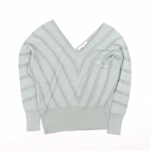 Next Womens Green V-Neck Open Knit Jumper Size 8