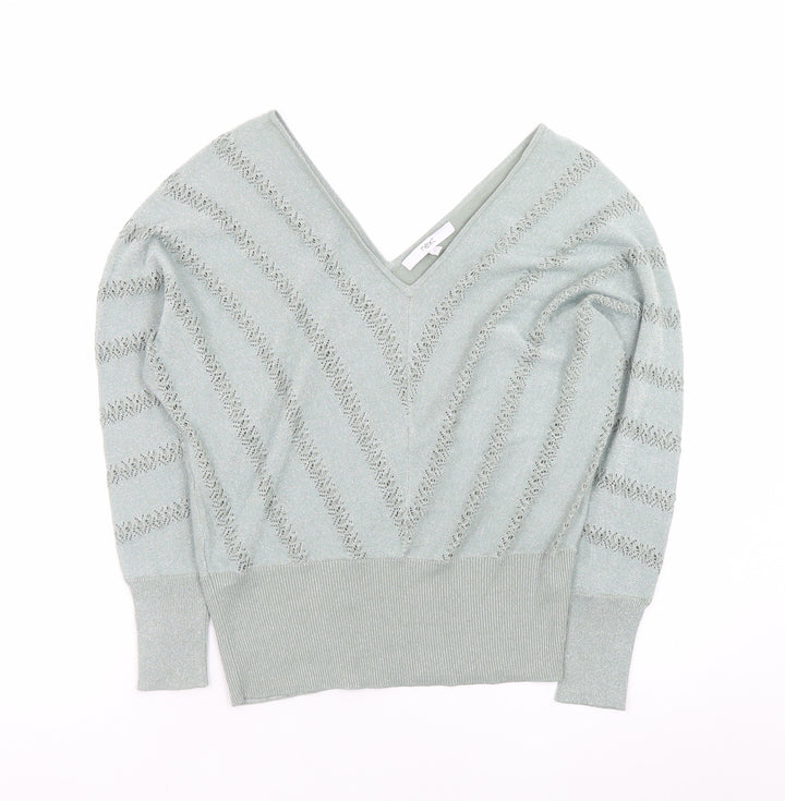 Next Womens Green V-Neck Open Knit Jumper Size 8