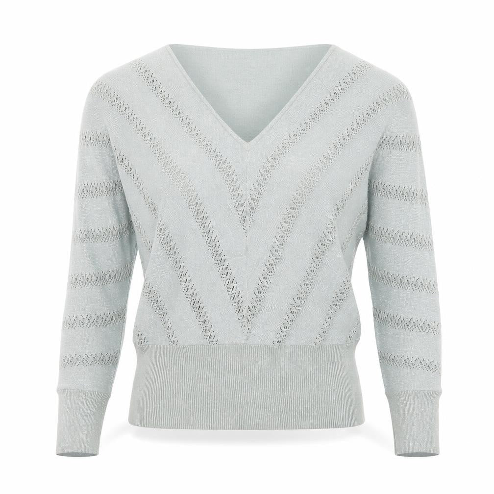 Front view of Next women’s green v-neck open knit jumper, size UK 8