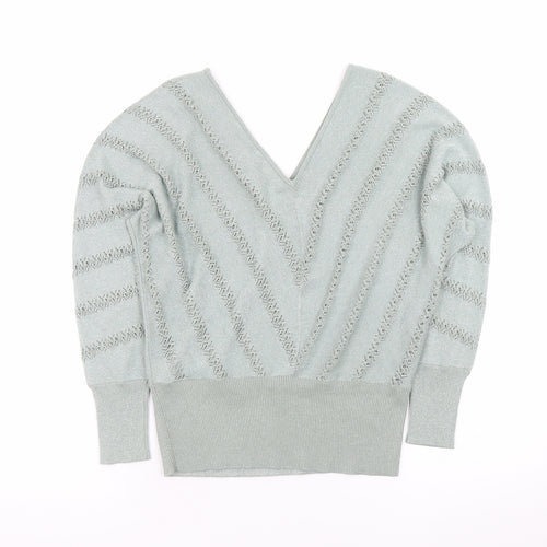 Next Womens Green V-Neck Open Knit Jumper Size 8
