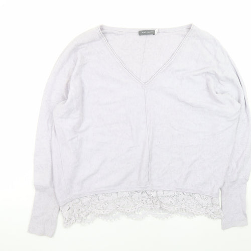 Mint Velvet Women's Grey V-Neck Lace Hem Relaxed Jumper Size 14
