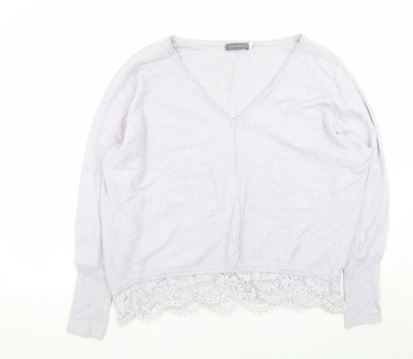 Mint Velvet Women's Grey V-Neck Lace Hem Relaxed Jumper Size 14