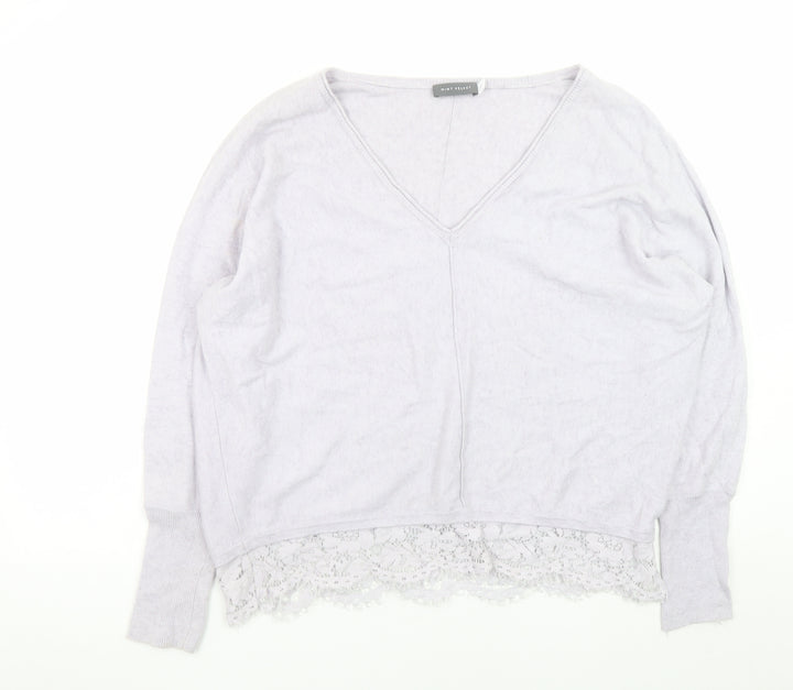 Mint Velvet Women's Grey V-Neck Lace Hem Relaxed Jumper Size 14