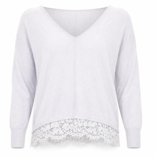 Mint Velvet Women's Grey V-Neck Lace Hem Relaxed Jumper Size 14