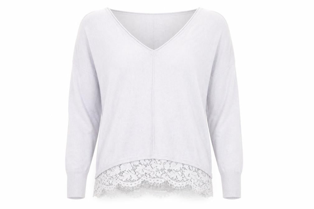 Mint Velvet Women's Grey V-Neck Lace Hem Relaxed Jumper Size 14