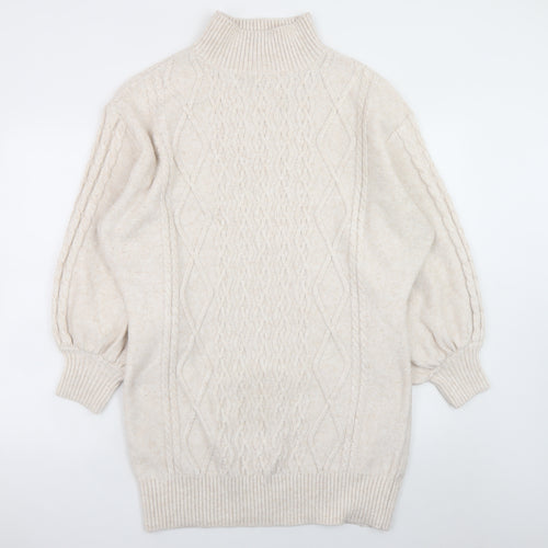 H&M Women Beige Knit High Neck Jumper Dress L Wool Blend