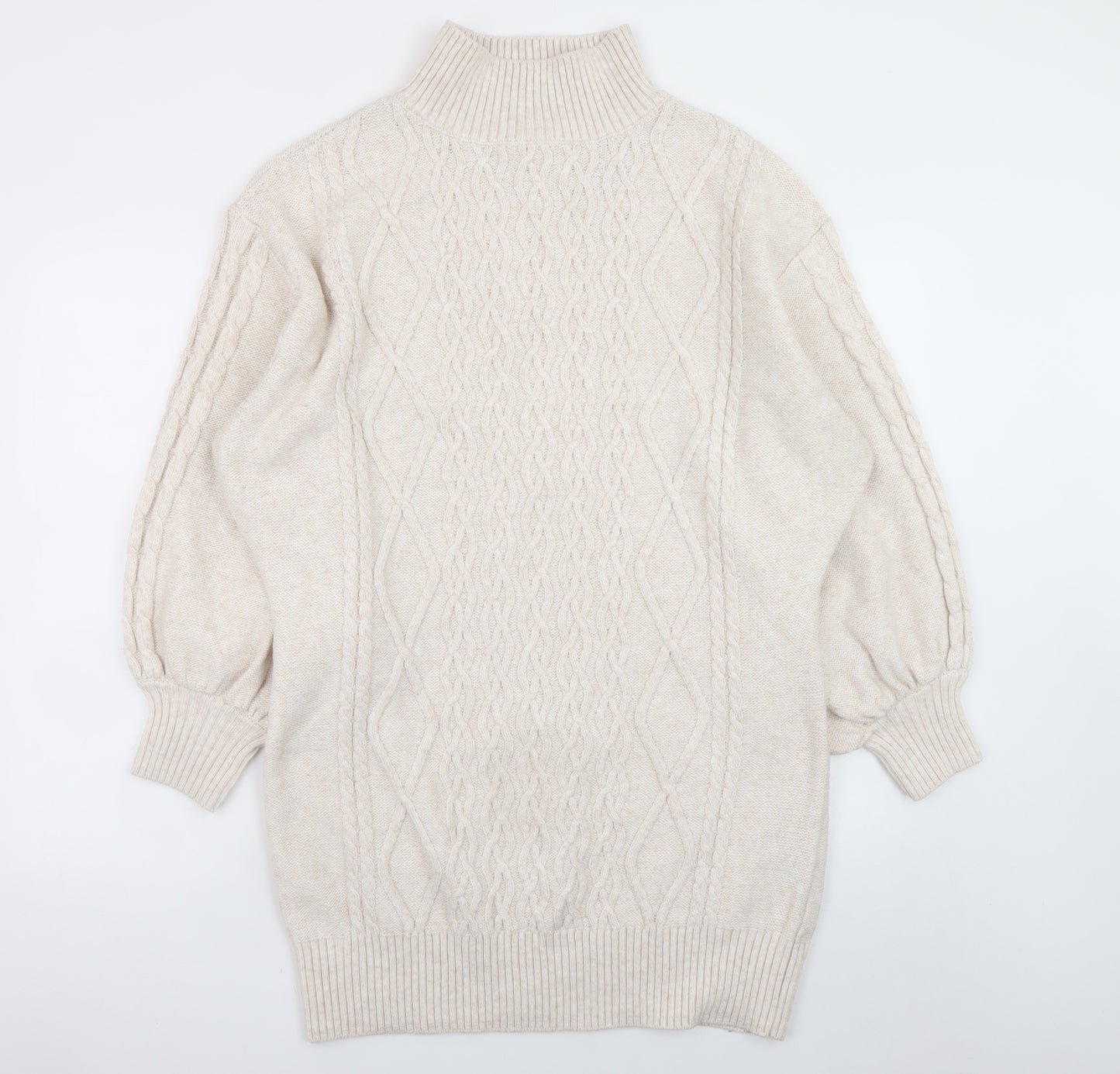 H&M Women Beige Knit High Neck Jumper Dress L Wool Blend