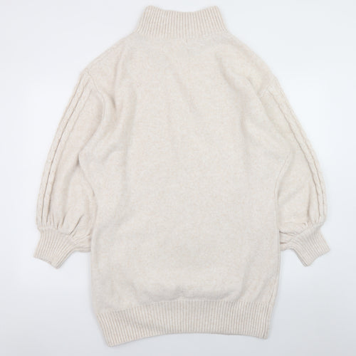 H&M Women Beige Knit High Neck Jumper Dress L Wool Blend
