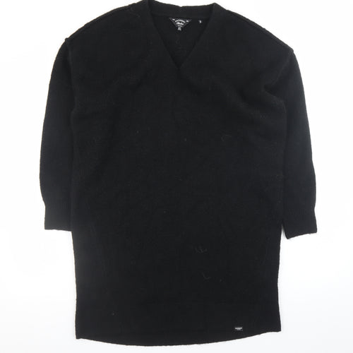 Superdry Women Black Size 8 Knit Jumper Dress V-Neck Wool Blend Winter