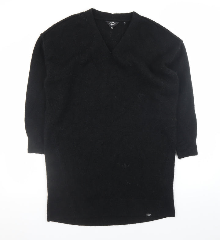 Superdry Women Black Size 8 Knit Jumper Dress V-Neck Wool Blend Winter